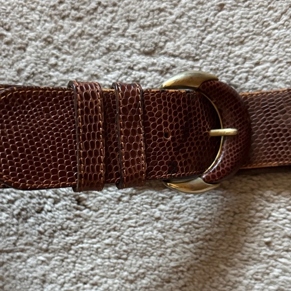Vintage Cognac Wide Leather Belt with Snakeskin Pattern & Brass & leather Buckle